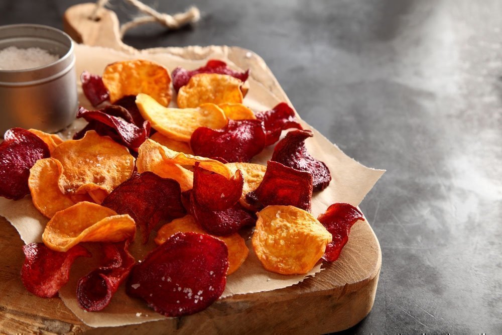 Sweet Potato and Beetroot crisps made using a Food Dehydrator